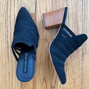 Black suede, 3.5” heel, mule
